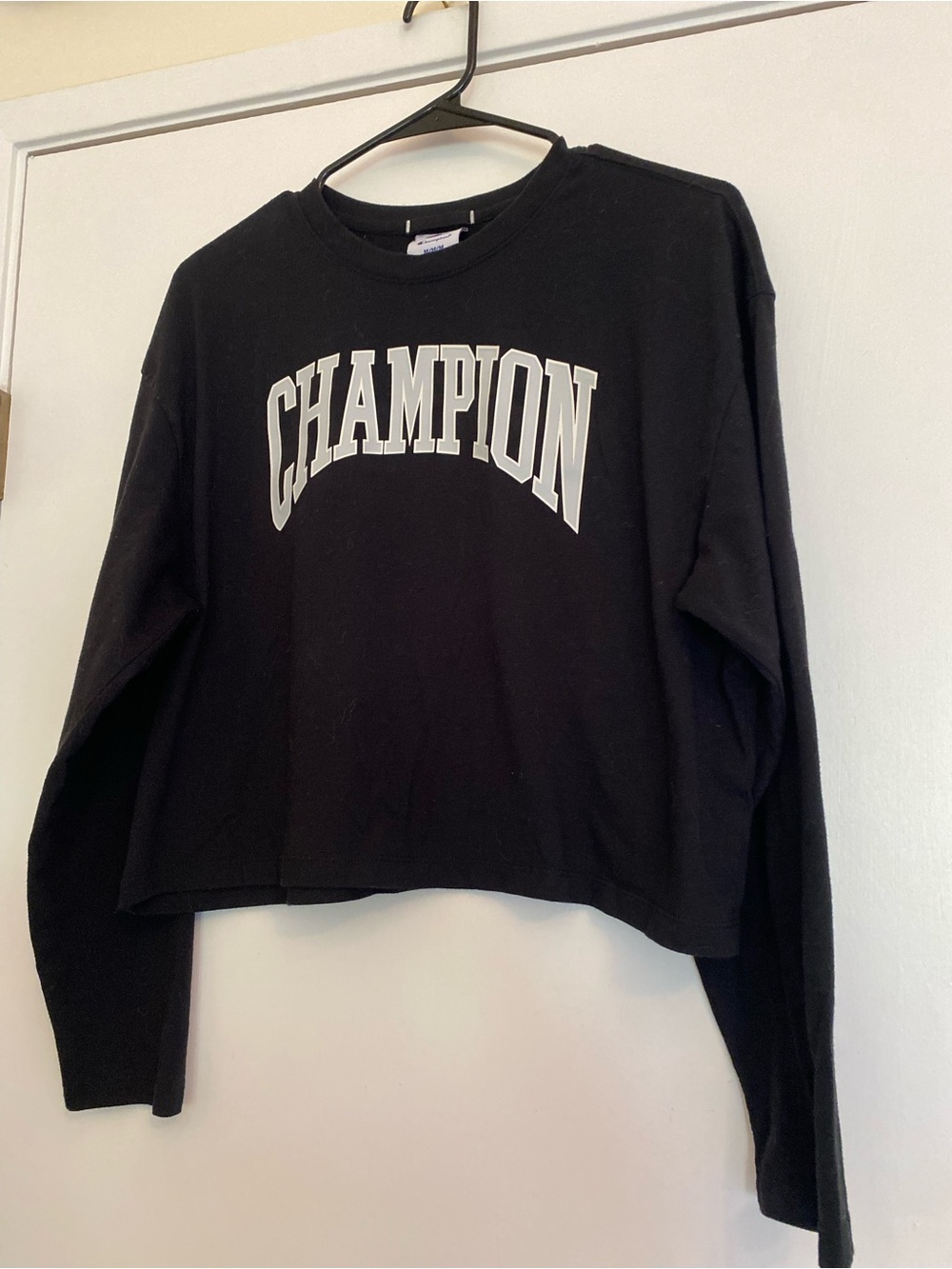 Champion Black Cropped Crew Shirt with White Logo